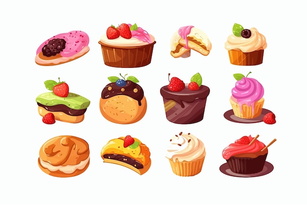 Sweet desserts cakes cupcake and croissant isolated on background Isolated on white background Vector cartoon illustration