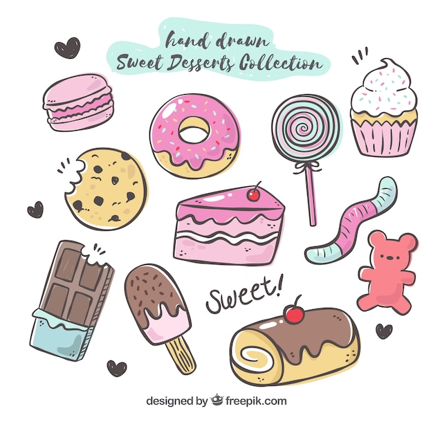 Collezione di dolci dessert disegnata in stile disegnato a mano