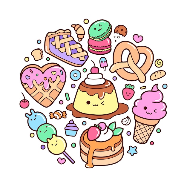 Sweet desserts hand drawn doodle elements illustration