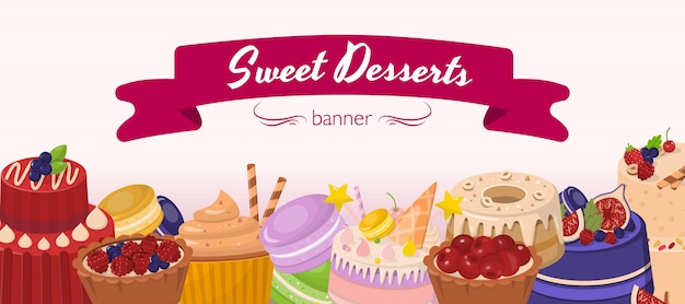 Vector sweet desserts horizontal cartoon flat banner