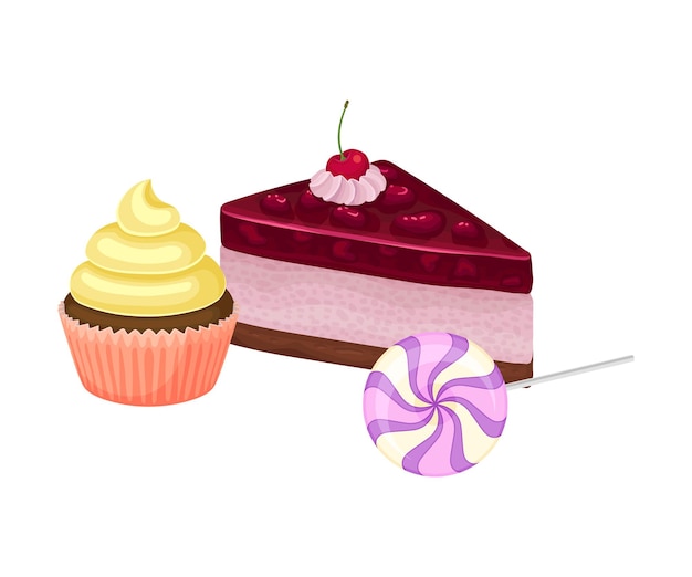 색 배경 터 구성에 고립된 컵케이크와 사탕이 있는 달한 디저트