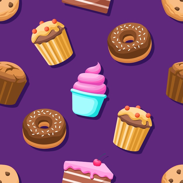 만화 스타일의 원활한 그림자 패턴이 있는 달콤한 디저트 보라색 배경에 베이커리 제품 패턴 위에 체리가 있는 도넛 컵케이크 케이크