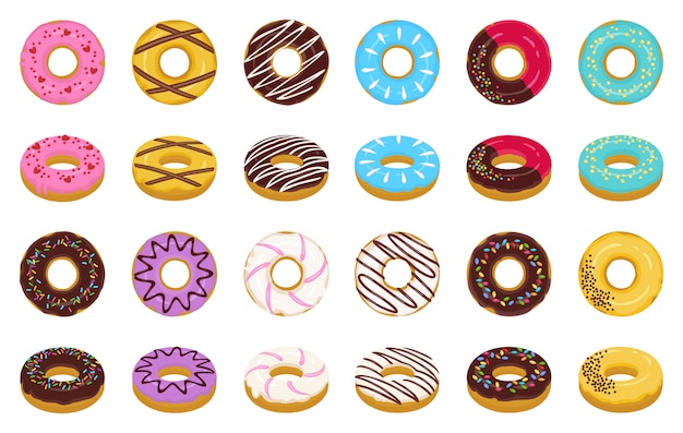 Sweet donut cartoon vector set icon. isolated icon chocolate and cream doughnut.vector illustration donut of sprinkles dessert  .