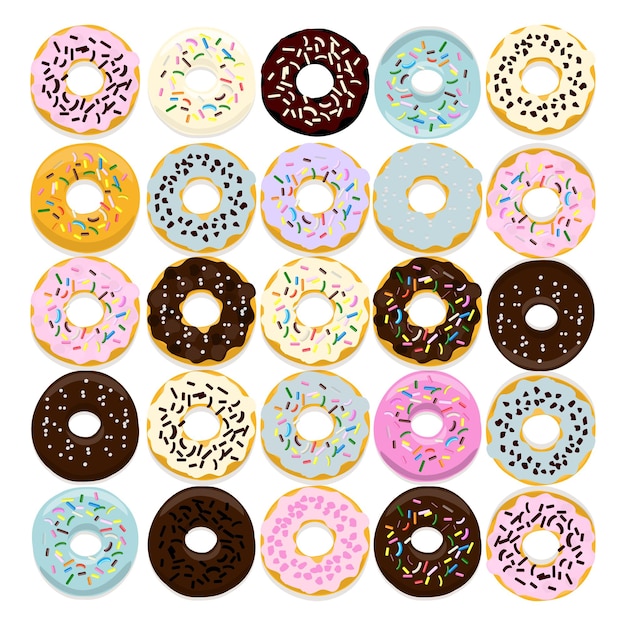 Sweet donut set of traditional american sweet dessert with colorful glaze and sprinkles i