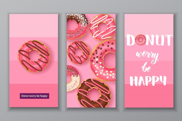sweet donuts illustration cards set. donut worry be happy lettering