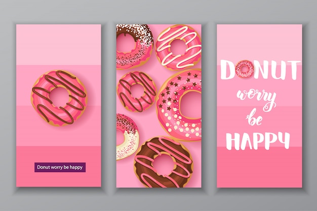 Vector sweet donuts illustration cards set. donut worry be happy lettering