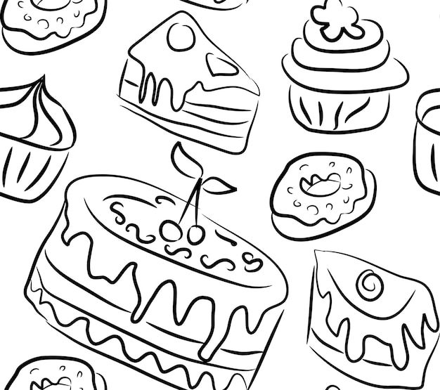 Vector sweet doodle pattern with cupcakes cakes candies and cones hand drawn seamless pattern