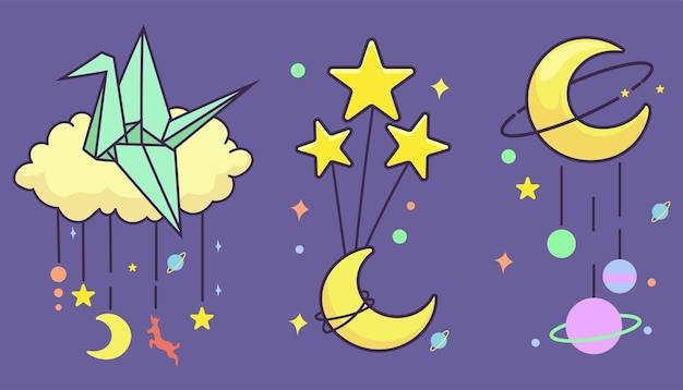 Vettore sweet dream e good night concept illustration set di canzoni da ninna nanna, luna crescente, pianeti e origami