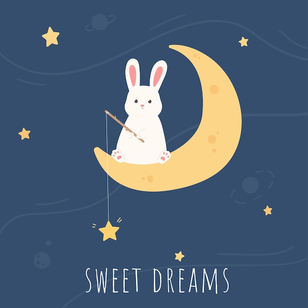 Открытка сладких снов с милым кроликом на полумесяце со стержнем и звездой