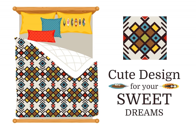 Sweet dreams deisgn bed sheets with decorative geometric ornamental pattern, and pattern piece, vector illustration