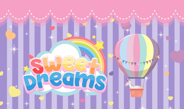 Sweet dreams-logo met hete luchtballon op paarse streep achtergrond