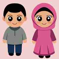 Vector sweet eid mumarak woman and man chibi pastel color