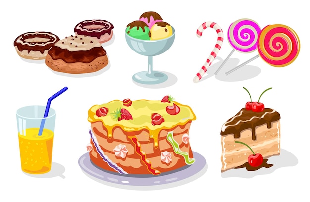 Vector sweet festive table with gateau donuts cake ice cream candy cane lollipop juice