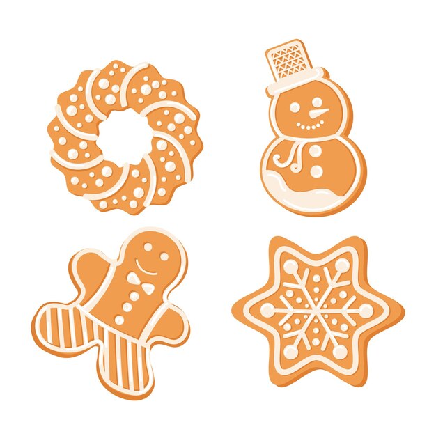 Sweet festive xmas gingerbread donut snowman snowflake and gingerman vector illustration Traditional seasonal pastry dessert on winter holidays homemade bakery snack on Christmas eve and New Year