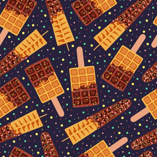 Sweet food and dessert food vector seamless pattern of golden brown homemade corn dog waffle on a stick in various