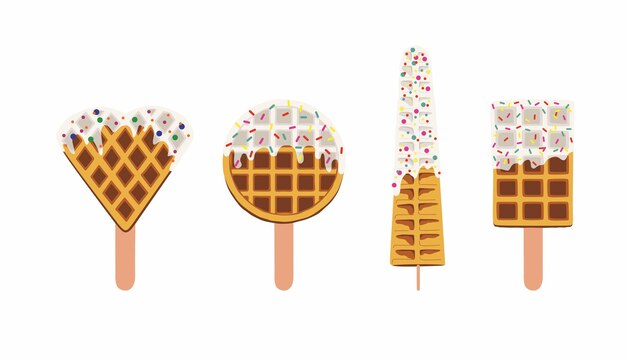 Vector sweet food and dessert food vector set illustration of golden brown homemade corn dog waffle on a stick