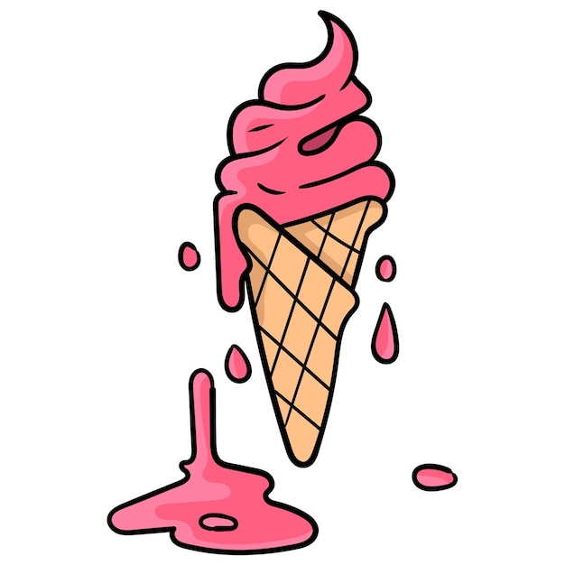 Вектор Конус мороженого сладкого напитка с растопленным состоянием. мультяшный смайлик. каракули значок рисунок, векторные иллюстрации