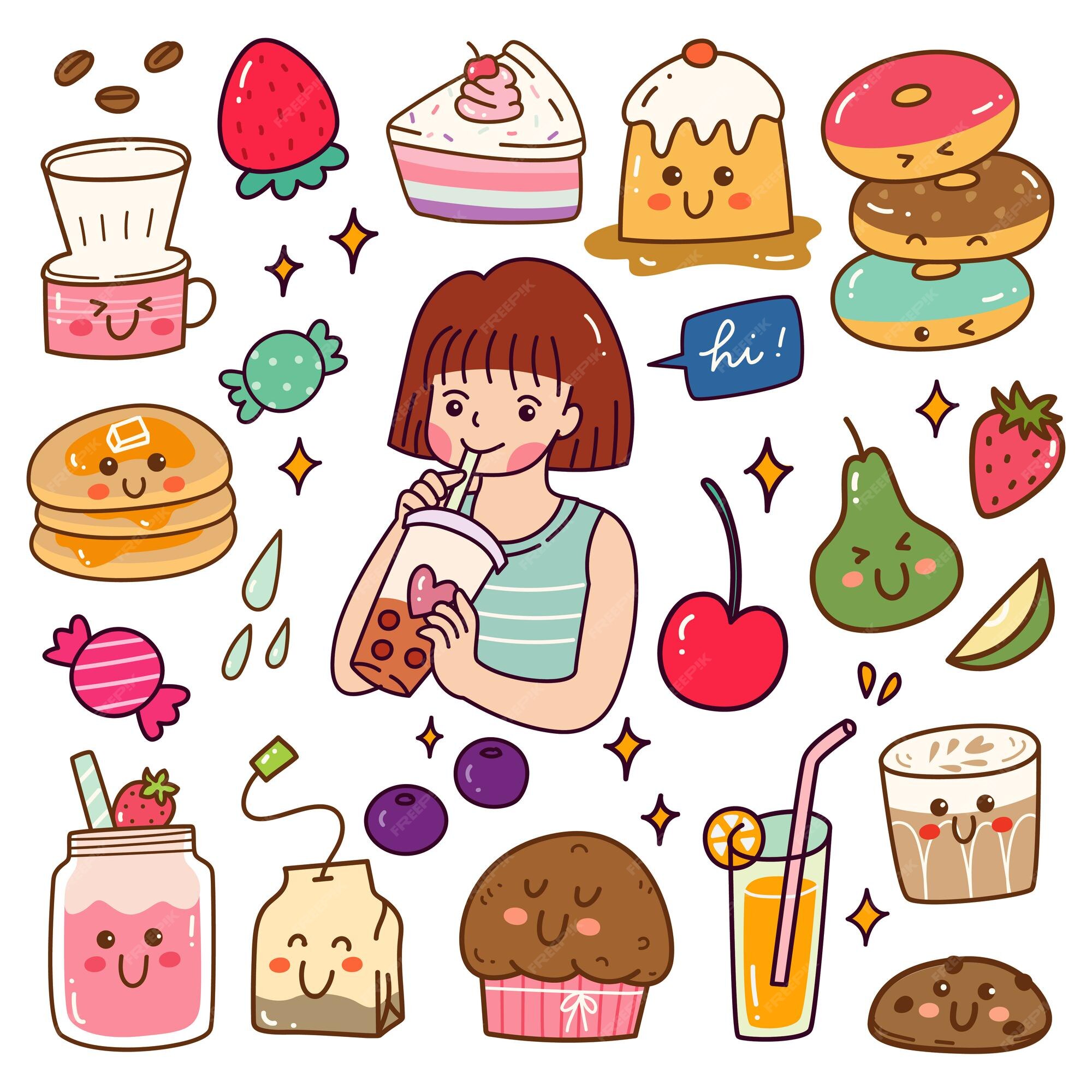 Set of Kawaii Cartoon Style Doodle Sweety Characters. Collection