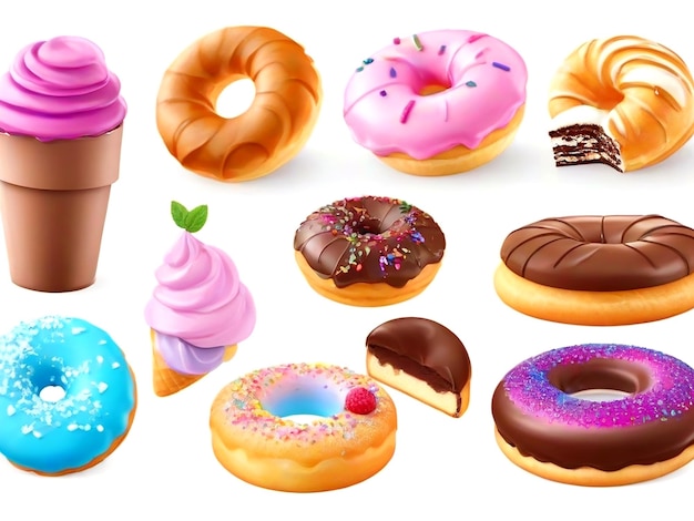 Sweet food is 3d realistic render vector icon set Cake donut croissant cupcake ice cream