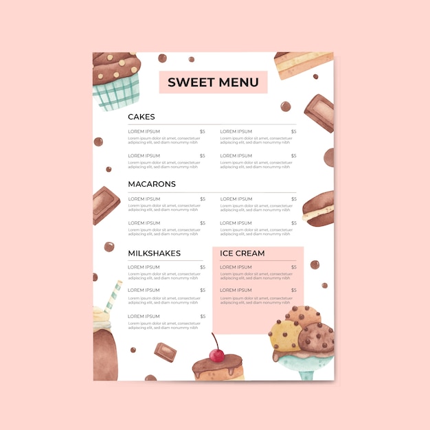 Modello di menu di cibi dolci