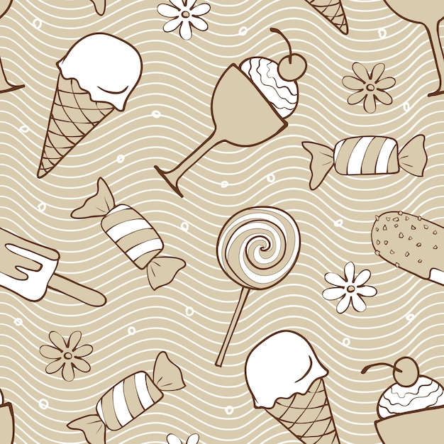 Sweet food seamless pattern cartoon ice cream candy and lollipop doodle vector illustration