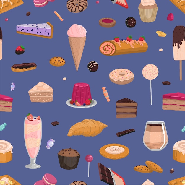 Sweet food seamless pattern. ornament of varied delicious desserts. vector illustration in flat style. cartoon design for wallpaper, decor, wrap, background.