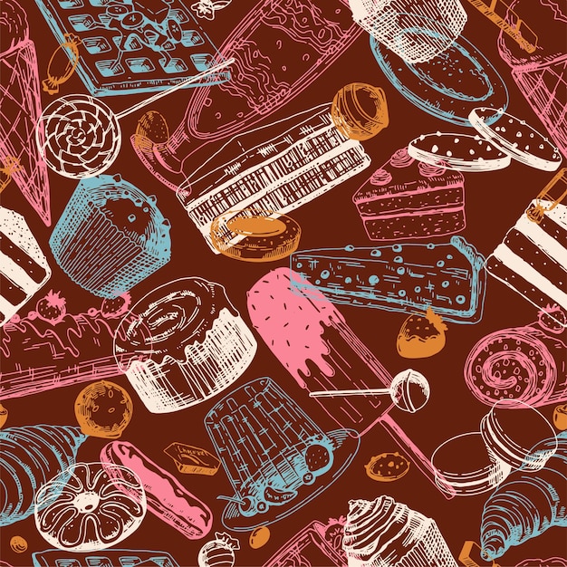 Motivo senza cuciture per alimenti dolci ornamento di vari deliziosi dessert illustrazione vettoriale in stile schizzo design retrò per lo sfondo dell'involucro della decorazione della carta da parati