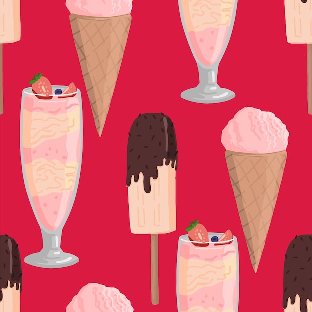 Sweet food seamless pattern. Ornament of varied delicious ice cream. Vector illustration in flat style. Cartoon design for wallpaper, decor, wrap, background.