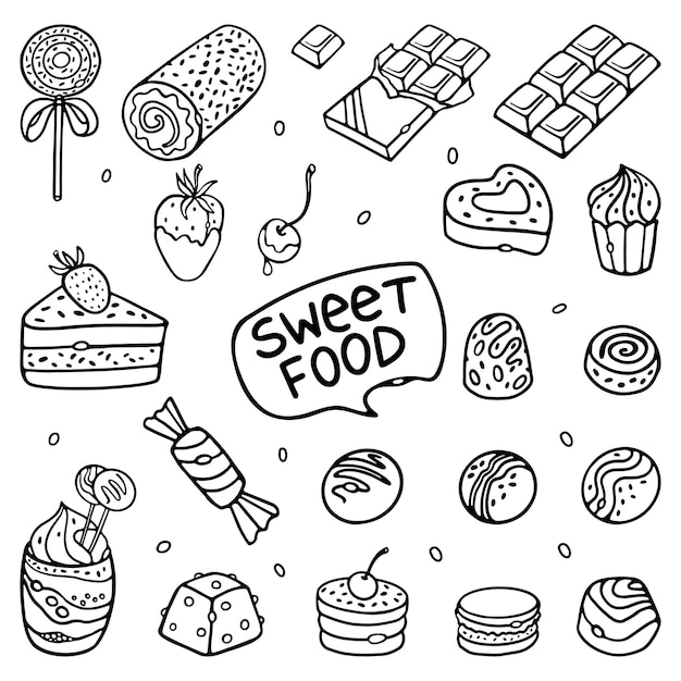 Sweet Food Set Doodle outline Chocolate Candy in engraving style Premium Vector