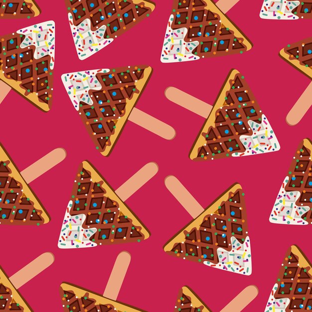 Sweet food triangle shape vector seamless pattern of golden brown homemade corn dog waffle on a stick in various flavors decorations and white black chocolate Print textile fabric Pink background