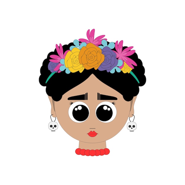 Sweet Frida met bloemen op haar hoofd oorbellen in de vorm van een schedel Mexicaanse Chibi stijl