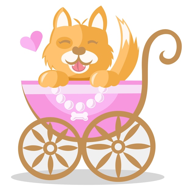 Vector sweet ginger puppy baby dog in purple kid stroller with tiny bone pendant colored vector illustrati