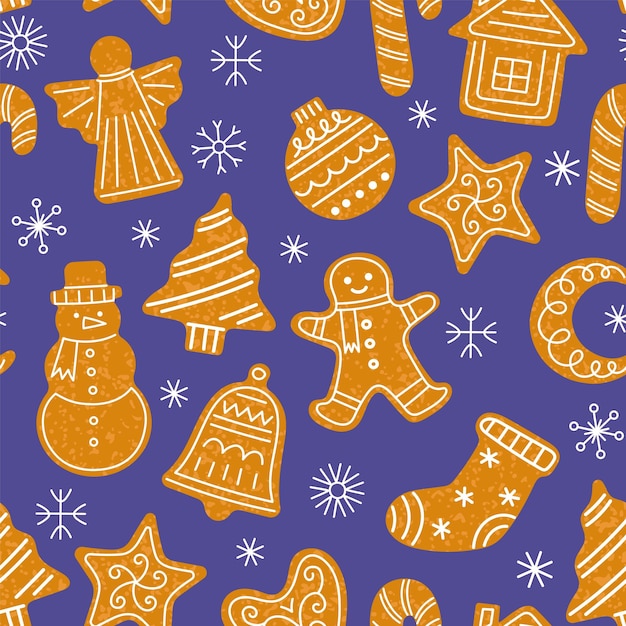 Sweet gingerbread cookies repeated background xmas holiday pastry elements white sugar icing homemade biscuits vector seamless pattern
