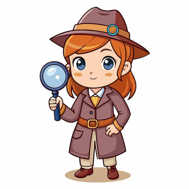 sweet girl in detective uniform examining with magnifying glass cartoon vector