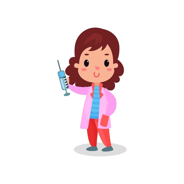 Sweet girl doctor in professional clothing holding syringe, kid playing doctor vector illustration isolated on a white background
