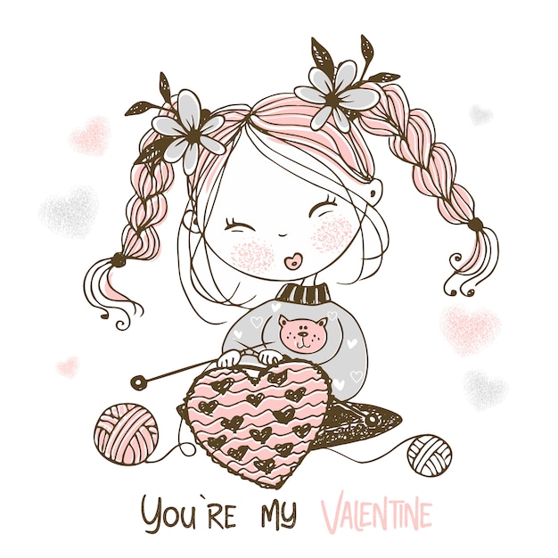 甘い女の子が大きな心を編みます。あなたは私のバレンタインです。