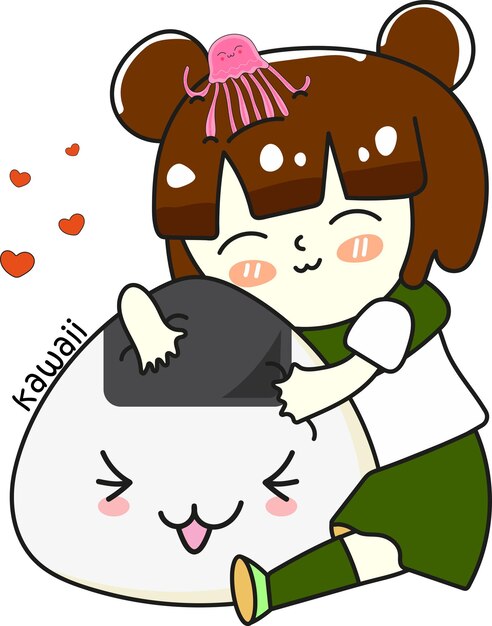 Vector sweet girl and onigiri in the style of kawaii