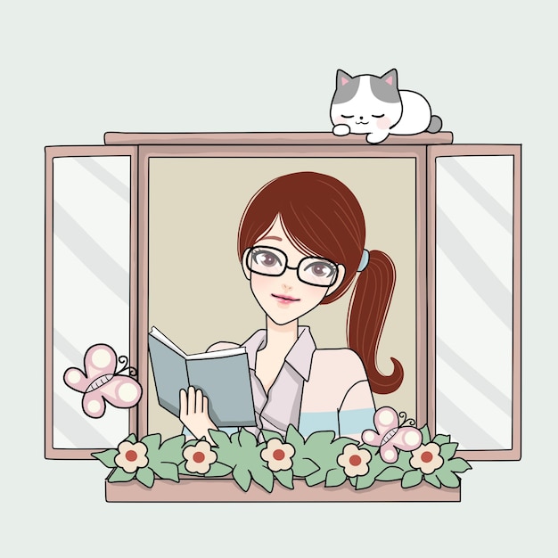 窓の上に猫と本を持っている甘いメガネの女の子漫画アート イラスト