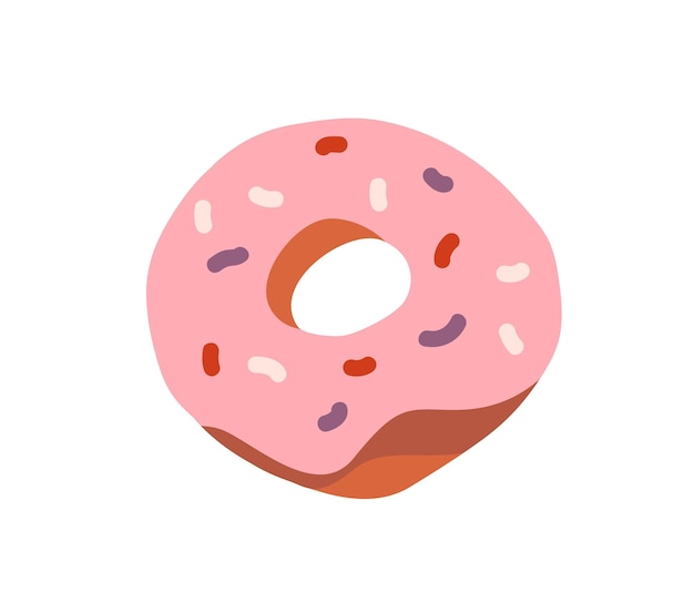 Sweet glazed donut. Doughnut with pink icing and sprinkles. Round dessert with hole. Sugar food. Dough pastry with frosting. Flat vector illustration of confectionery isolated on white background.