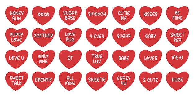 Vettore set a forma di cuore dolce concetto di san valentino isolato su sfondo bianco conversazione testo d'amore