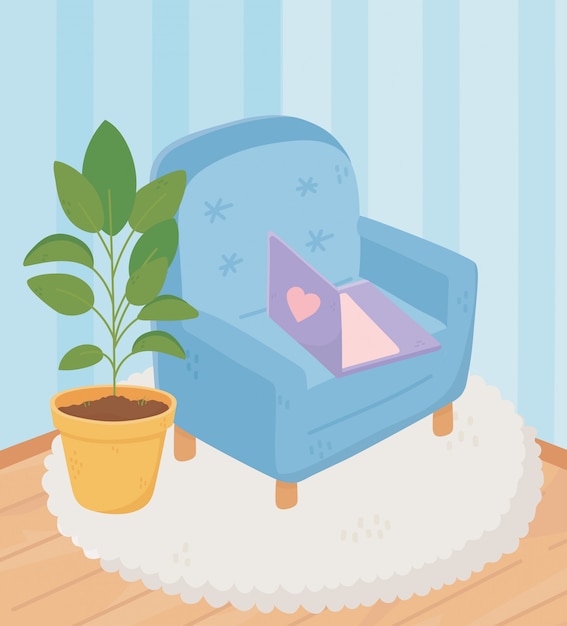 Sweet home armchair with laptop potted plant on carpet