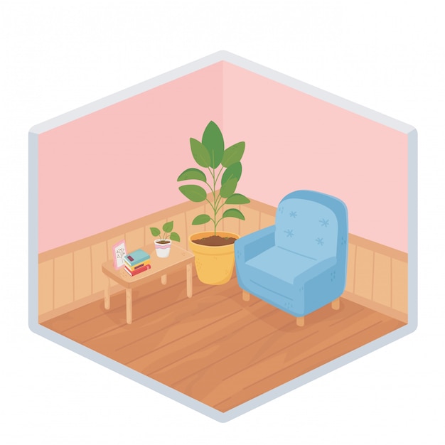 Sweet home books frame on table sofa potted plant wooden floor isometric style