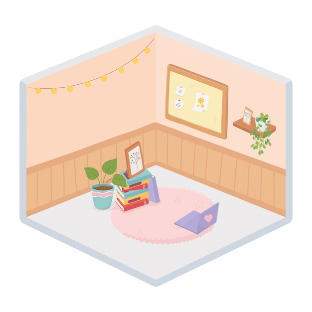 Sweet home books stacked laptop plant on carpet note board isometric style