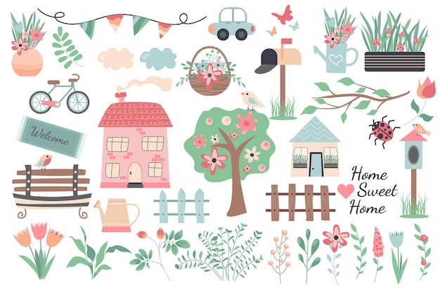 Vector sweet home collection in flat design cute houses blooming trees car bicycle wooden fences