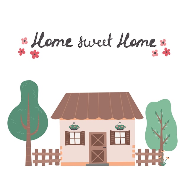 ベクトル かわいい家と甘い家のレタリング色の家と手描きのトレンディなベクトル図