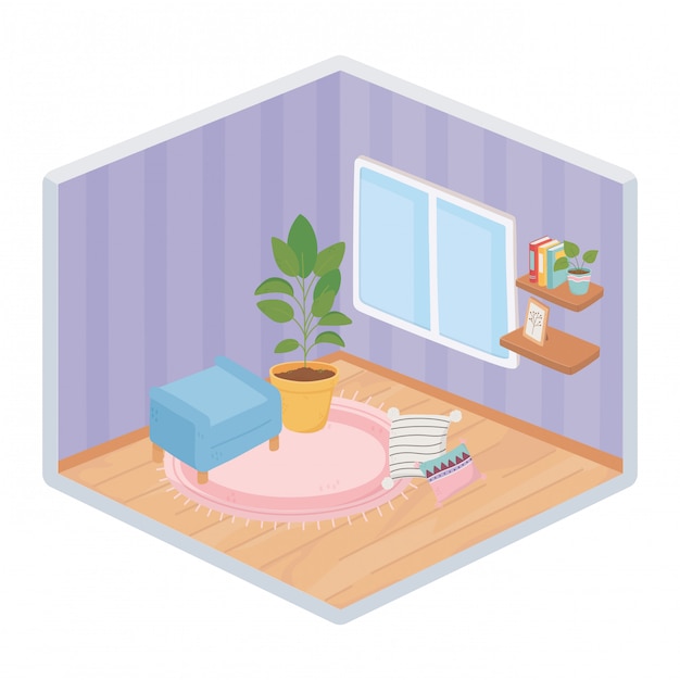 Sweet home stoel potplant en kussen op tapijt, planken boeken venster isometrische stijl