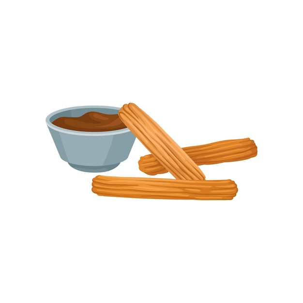 Sweet homemade churros with chocolate dipping sauce Delicious Mexican snack Flat vector design for cafe menu or poster