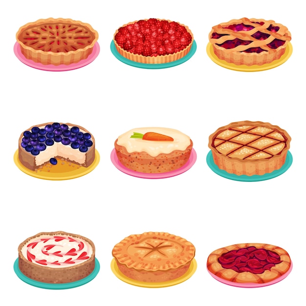 Vector sweet homemade pies with filling and crusts made of shortcrust pastry vector set