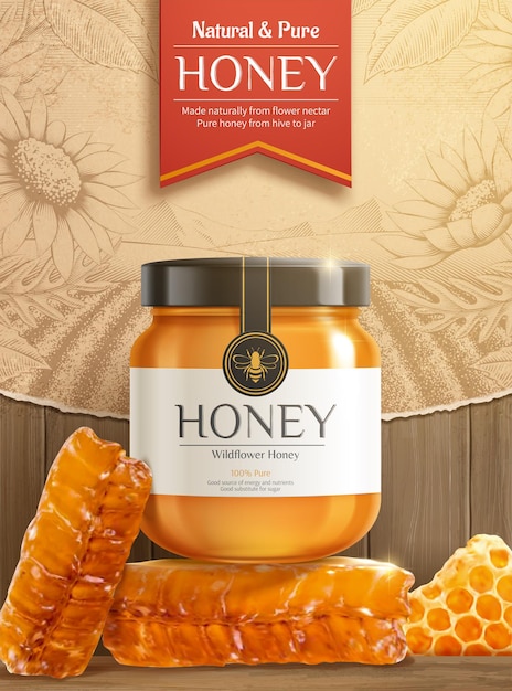 Vector sweet honey ad template golden jar mockup set on realistic honeycomb