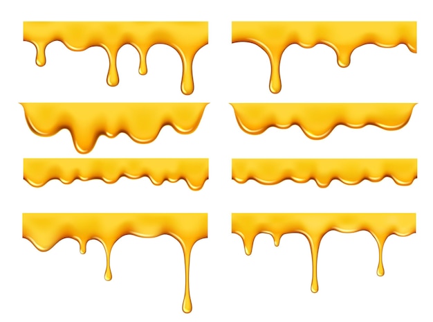 Vector sweet honey drip and melt flow liquid syrup drops of gold yellow oil leak realistic vector honey or caramel syrup or golden sauce drips and melt flow with golden drops of honey candy or sweet jelly